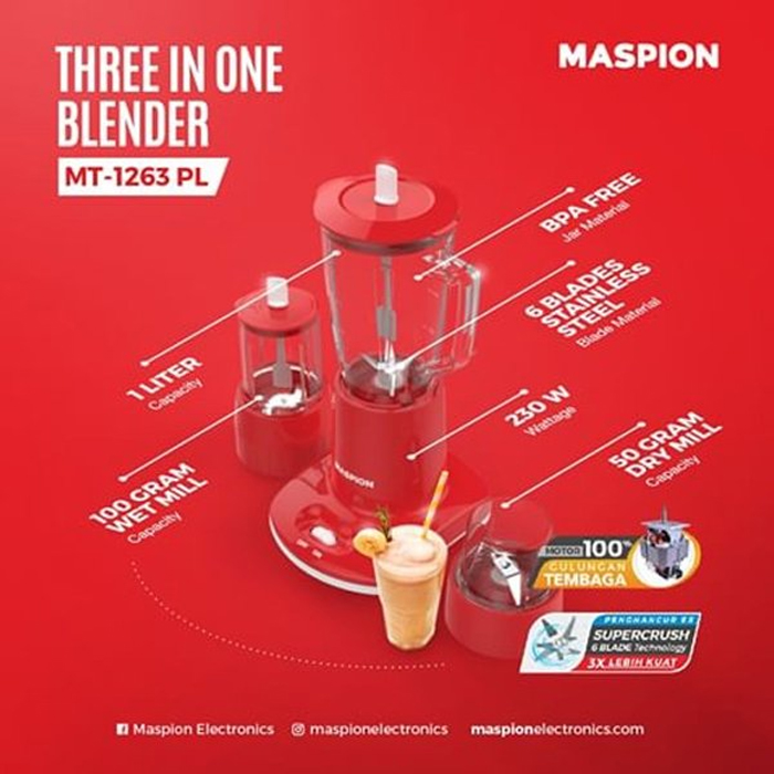Maspion Blender Gelas Kaca 3in1 1 Liter - MT1263GL | MT-1263 GL - Merah 